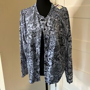 Light blue Heather jersey cardigan with ribbed scoop neck buttons down the front